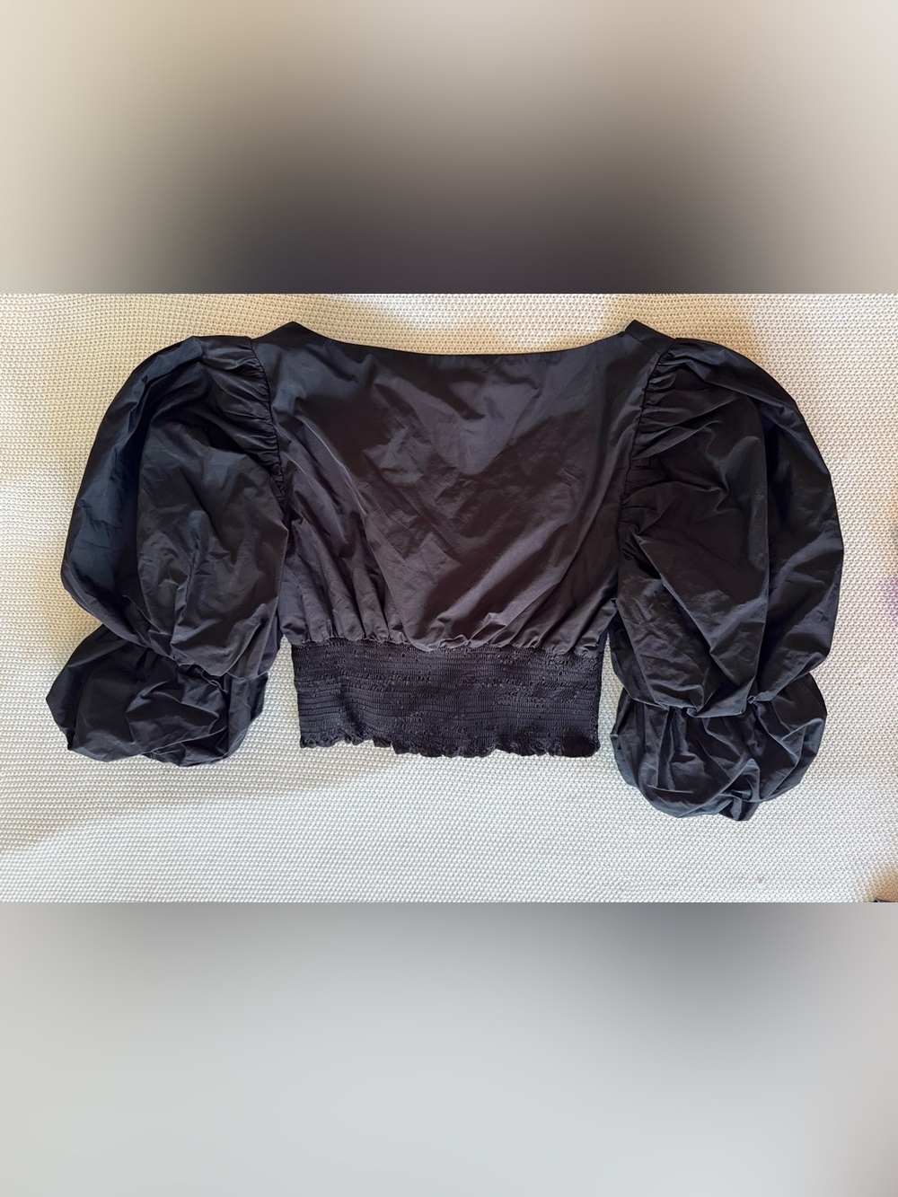 TOPSHOP Taffeta Puff Sleeve Blouse Smocked Black Crop Top - Picture 6 of 13